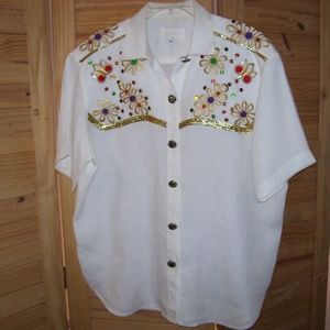 CACHE  Applique Linen Short Sleeve Shirt Size Med